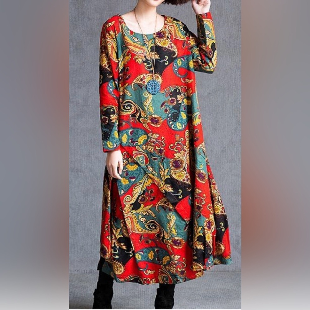 Beautiful Cotton Blend  Artsy Floral Paisley  Boho Modest Maxi Dress